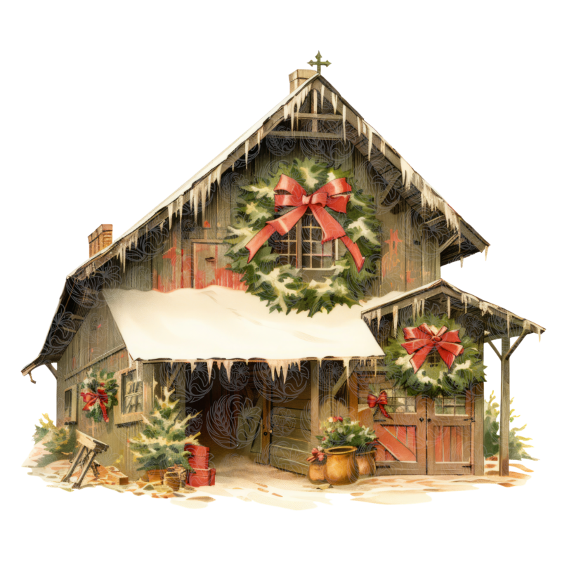 Christmas barn decorated with large wreaths, red bows, icicles, and snow, Grey Barn Handwerk, Saskatchewan.